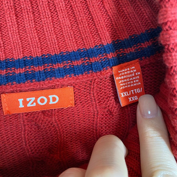 Izod Cable Knit Sweater Red Quarter Zip 100% Cotton Long Sleeve Midweight XXL - Picture 6 of 7